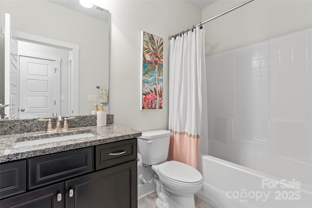 full bath with visible vents, shower / bathtub combination with curtain, toilet, and vanity