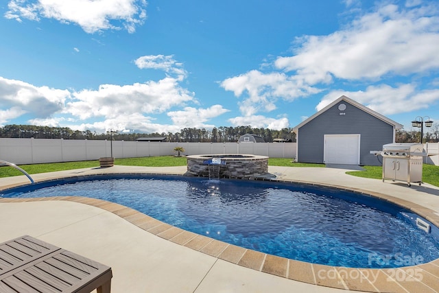 view of pool featuring a garage, an outbuilding, an in ground hot tub, and grilling area