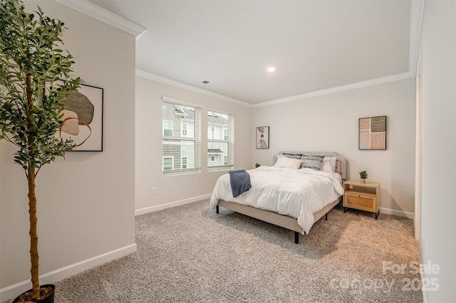 carpeted bedroom featuring crown molding, recessed lighting, baseboards, and visible vents