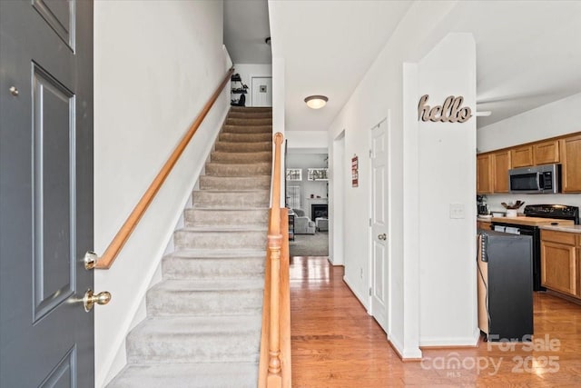 stairway with hardwood / wood-style flooring