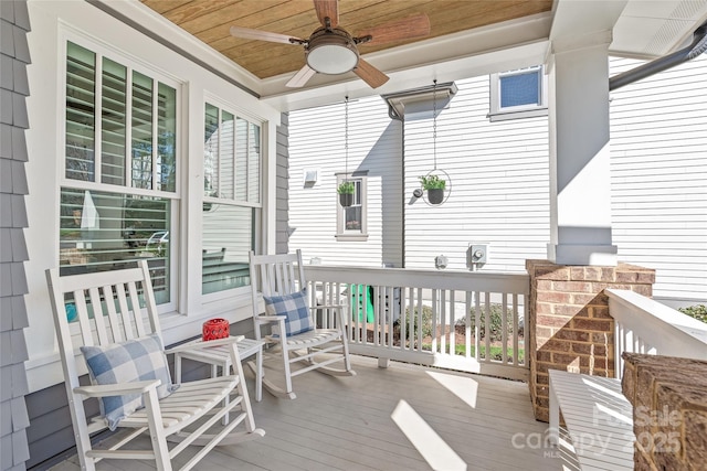 exterior space featuring ceiling fan and wood ceiling