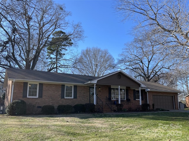 single story home with a garage, a porch, and a front yard