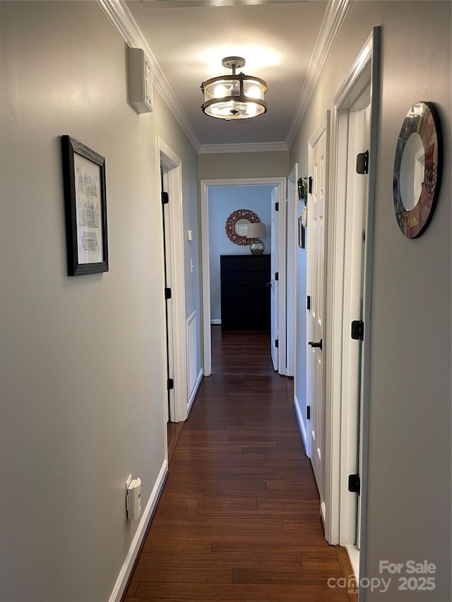 corridor with dark hardwood / wood-style flooring and ornamental molding