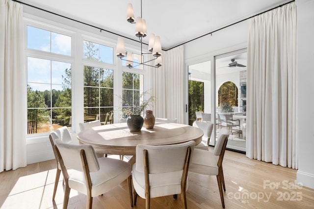 dining space with a notable chandelier, light wood-style flooring, and a wealth of natural light