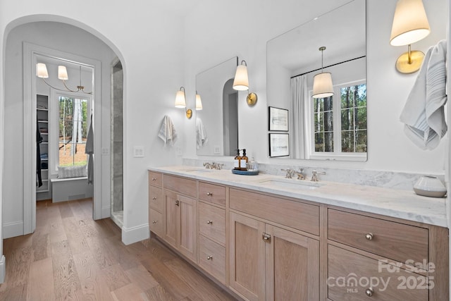 bathroom with double vanity, baseboards, a sink, and wood finished floors