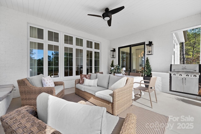 view of patio / terrace featuring outdoor lounge area, ceiling fan, and area for grilling