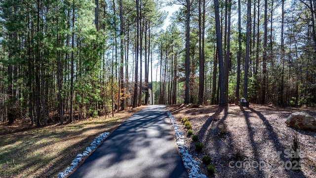 view of street featuring a forest view