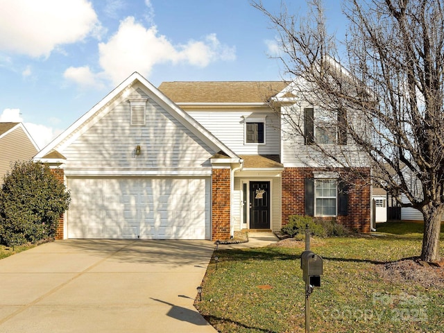 front facade with a front lawn and a garage