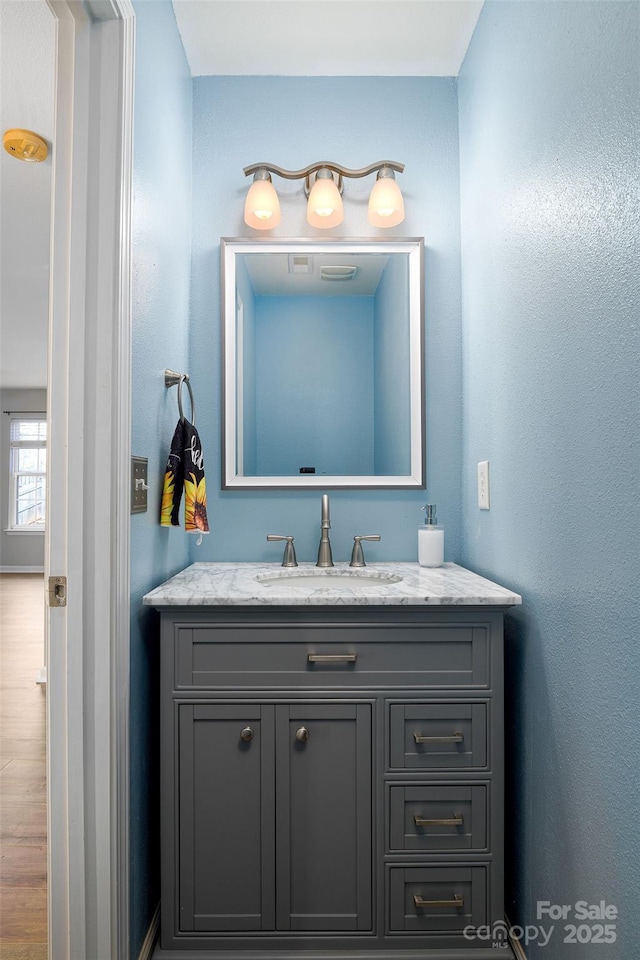 bathroom featuring vanity and wood-type flooring