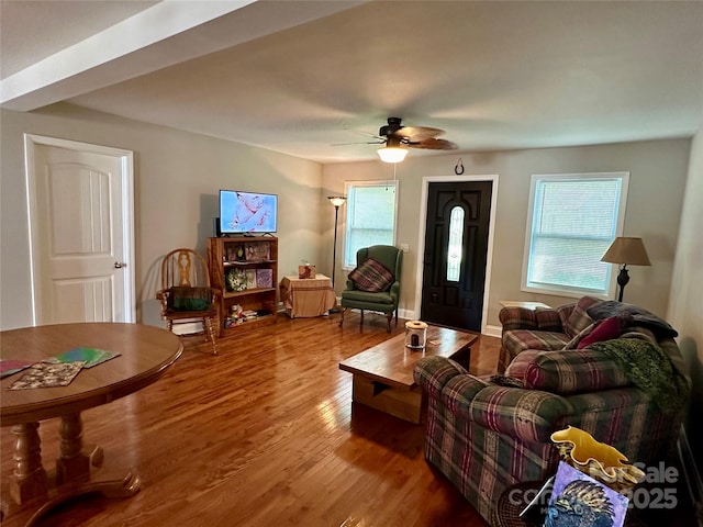 living room featuring hardwood / wood-style floors, plenty of natural light, and ceiling fan