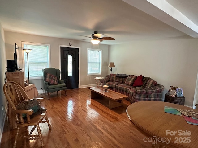 living room with hardwood / wood-style flooring and ceiling fan