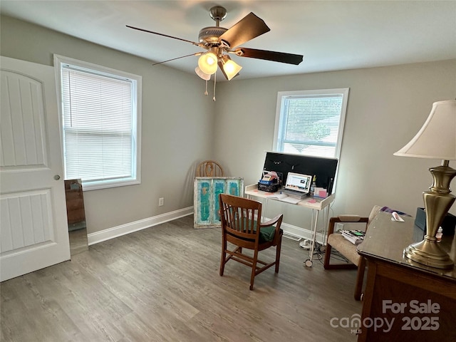 office space featuring ceiling fan and wood-type flooring