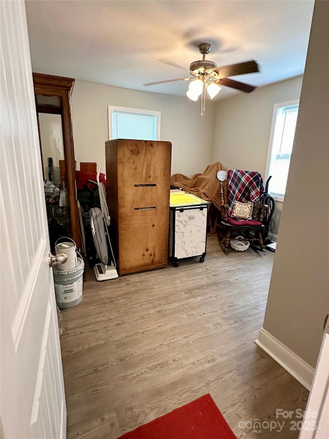 bedroom with ceiling fan and hardwood / wood-style floors