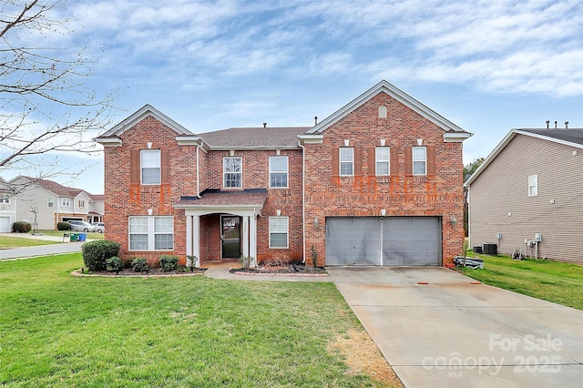 traditional-style house with brick siding, central air condition unit, concrete driveway, an attached garage, and a front lawn