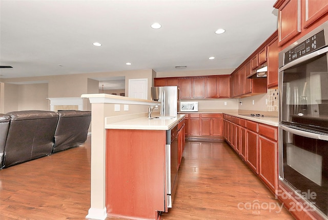 kitchen with under cabinet range hood, appliances with stainless steel finishes, a sink, and wood finished floors