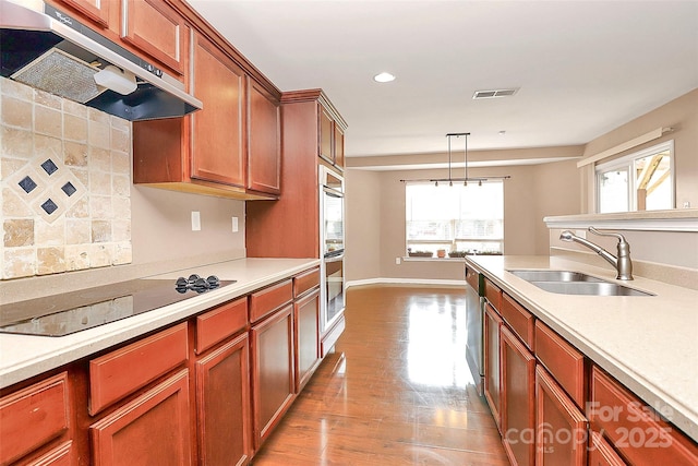 kitchen with appliances with stainless steel finishes, hanging light fixtures, light countertops, under cabinet range hood, and a sink