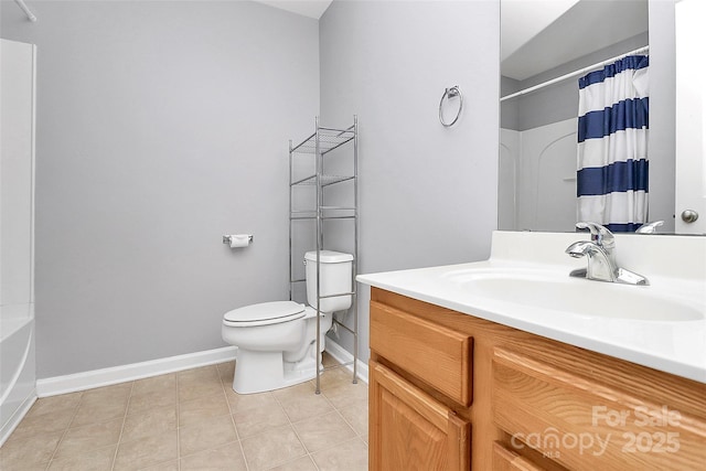 bathroom featuring baseboards, a shower with curtain, toilet, and tile patterned floors