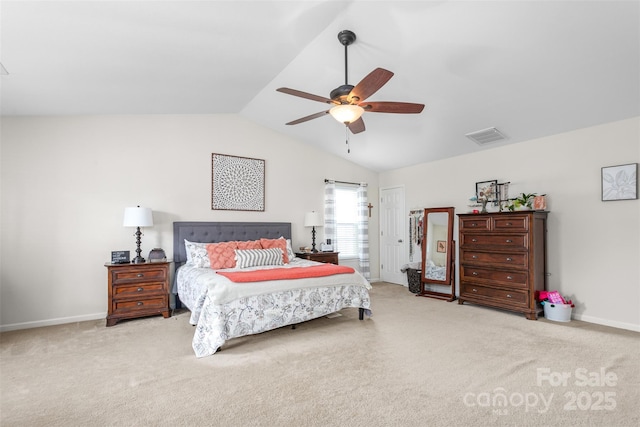 bedroom with light carpet, baseboards, visible vents, a ceiling fan, and lofted ceiling