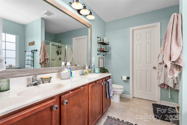 bathroom featuring double vanity, a stall shower, a sink, and visible vents