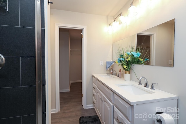 bathroom with wood finished floors, a sink, baseboards, and double vanity