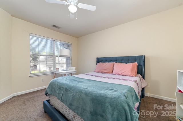 bedroom with ceiling fan and carpet flooring