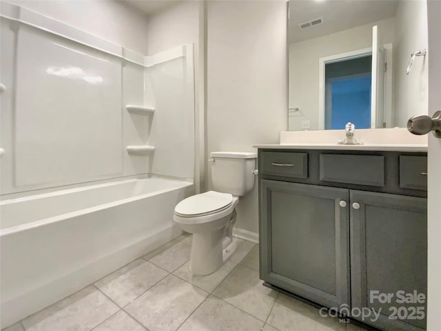 full bathroom with vanity, toilet, washtub / shower combination, and tile patterned floors