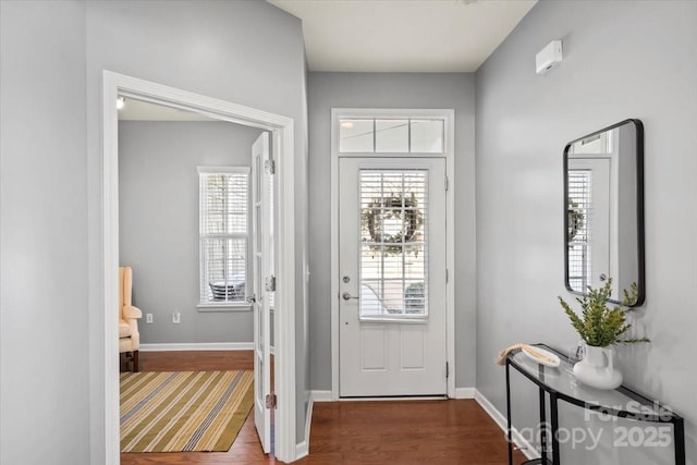 foyer entrance with wood finished floors, a wealth of natural light, and baseboards