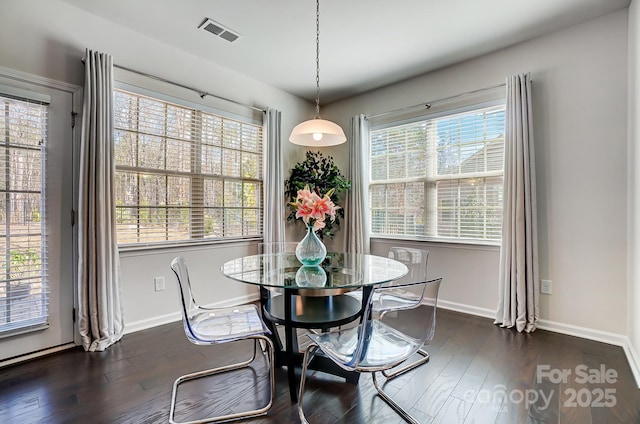 dining area featuring visible vents, dark wood finished floors, and baseboards