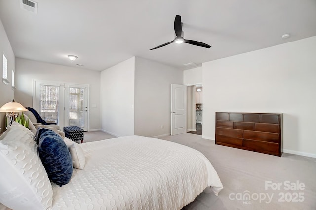 bedroom featuring light colored carpet, visible vents, ceiling fan, access to outside, and baseboards