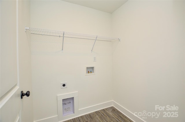 laundry room with hookup for a washing machine, hookup for an electric dryer, laundry area, dark wood-style flooring, and baseboards