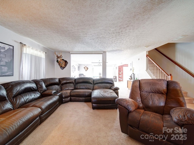 3841 Shasta Cir, Clover, SC 29710 - living room featuring light colored carpet, a textured ceiling, healthy amount of natural light, and stairs