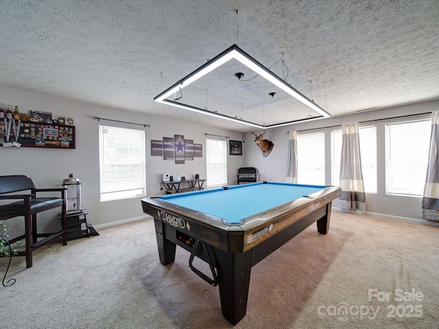 3841 Shasta Cir, Clover, SC 29710 - playroom featuring carpet floors, baseboards, billiards, and a textured ceiling