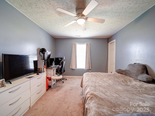3841 Shasta Cir, Clover, SC 29710 - bedroom with light colored carpet, a textured ceiling, an office area, a ceiling fan, and baseboards