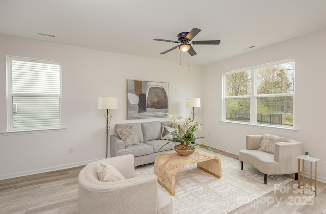 living area with ceiling fan, light wood-type flooring, visible vents, and baseboards