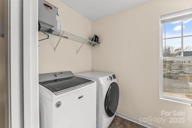 laundry room featuring laundry area, washer and clothes dryer, and baseboards