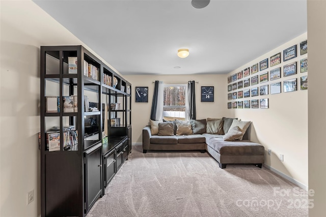 living area with carpet flooring and baseboards