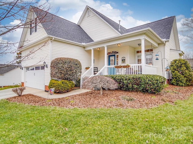 view of front of home featuring driveway, a front lawn, a porch, and roof with shingles