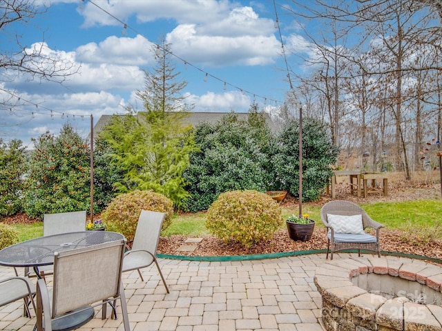 view of patio with an outdoor fire pit and outdoor dining area