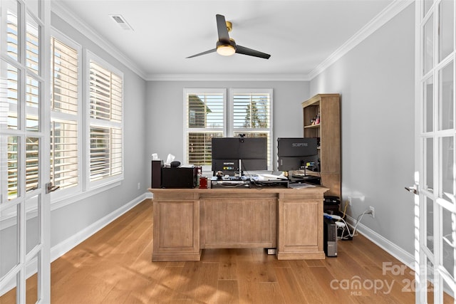 office with ceiling fan, visible vents, baseboards, light wood-type flooring, and crown molding