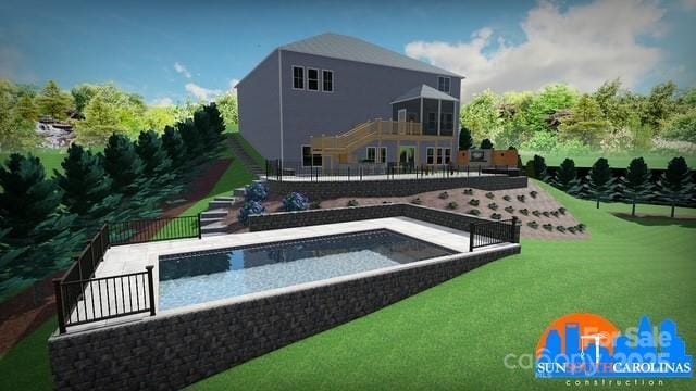 back of property featuring an outdoor pool, a patio, a balcony, and fence