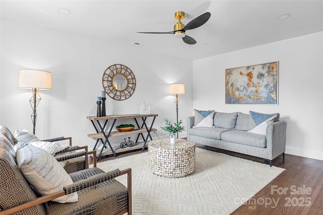 5825 Ruth Dr, Charlotte, NC 28215 - living room featuring visible vents, baseboards, ceiling fan, wood finished floors, and recessed lighting