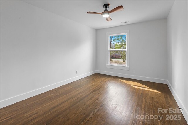 5825 Ruth Dr, Charlotte, NC 28215 - unfurnished room with dark wood-type flooring, visible vents, baseboards, and a ceiling fan