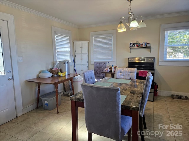 dining space with baseboards, ornamental molding, a notable chandelier, and light tile patterned flooring