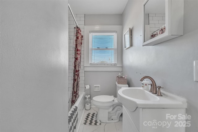 bathroom featuring vanity, shower / tub combo, toilet, and marble finish floor