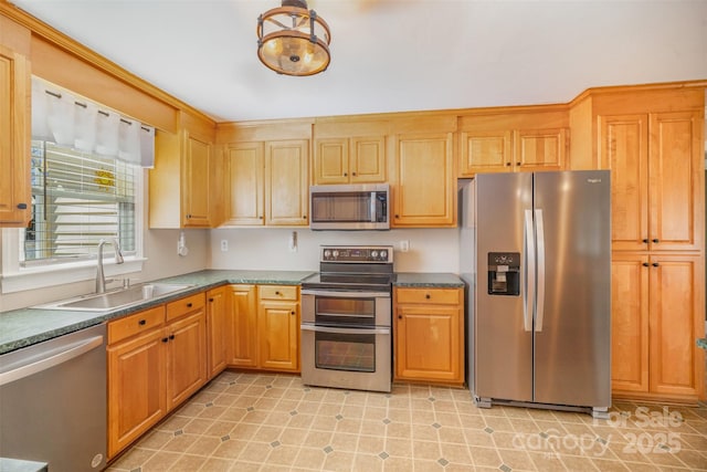 kitchen featuring dark countertops, stainless steel appliances, and a sink