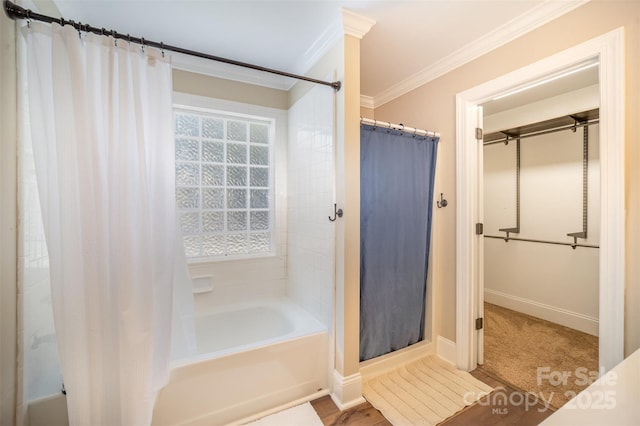 full bathroom with ornamental molding, shower / bath combo, and baseboards