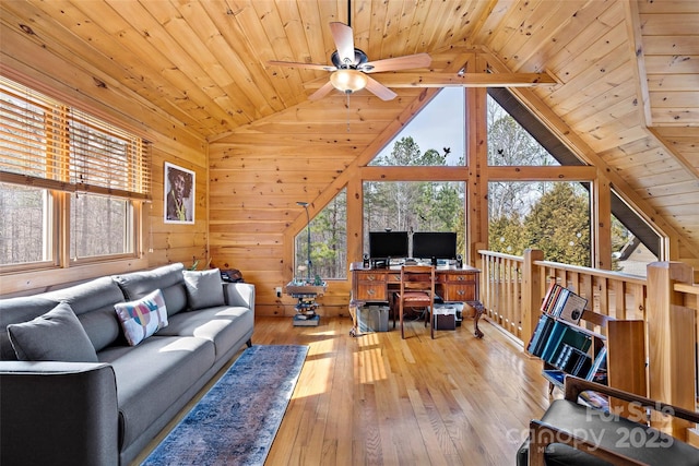 living room featuring wooden walls, a ceiling fan, lofted ceiling, wood ceiling, and wood finished floors