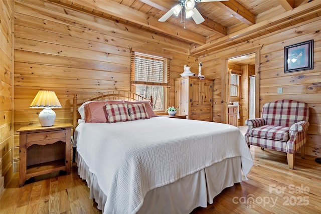 bedroom featuring light wood finished floors, wood ceiling, wooden walls, and beam ceiling