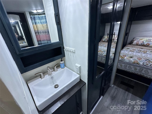 bathroom with wood finished floors and vanity