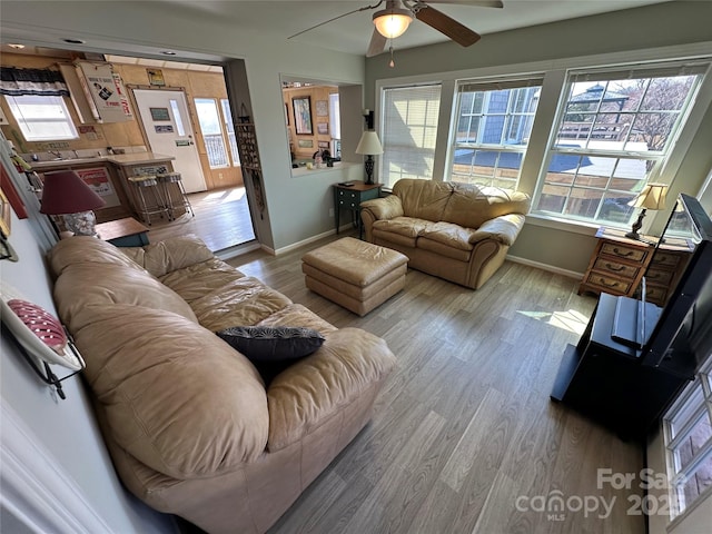 117 Badin Lake Cir, New London, NC 28127 - living room featuring baseboards, ceiling fan, light wood finished floors, and a healthy amount of sunlight